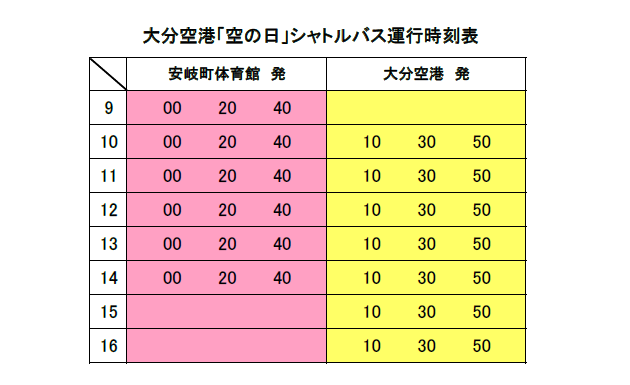 ✈無料シャトルバス時刻表（9：00～17：00）